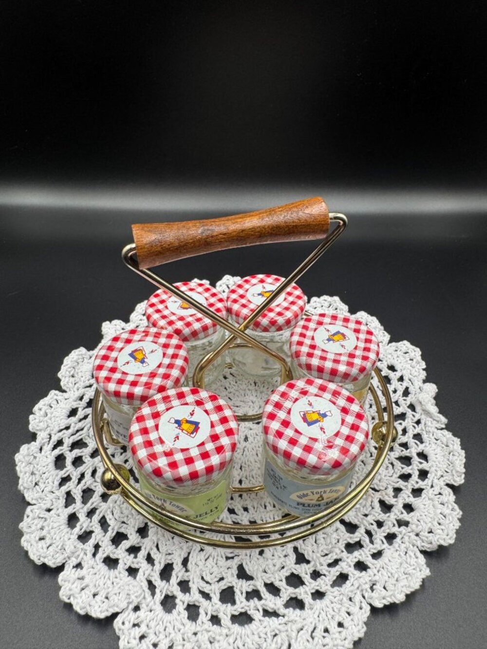 Vintage Olde York Towne Mini Jam Jars Set of 6 Metal Caddy